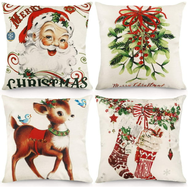 4TH Emotion Christmas Tree Truck Throw Pillow Cover Farmhouse Decor Green Tree Cushion Case for Sofa Couch 18x18 Inches Linen 